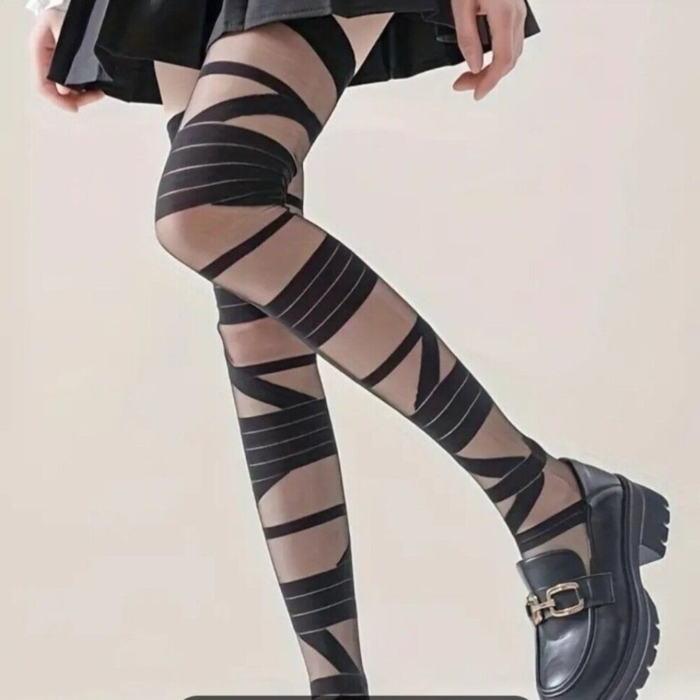 🤘Black Over Knee Socks Stockings Bandage Design Coquette Goth Girl Dark OSFM